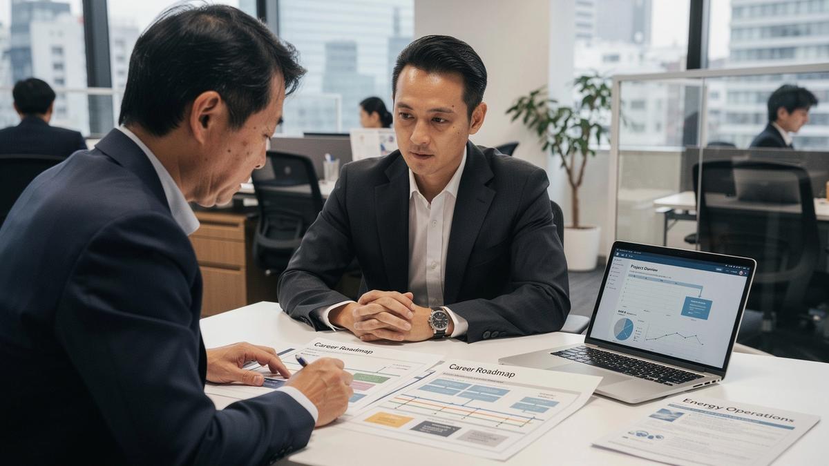 Mid-career oil and gas professional reviewing a management career plan in a modern Tokyo office